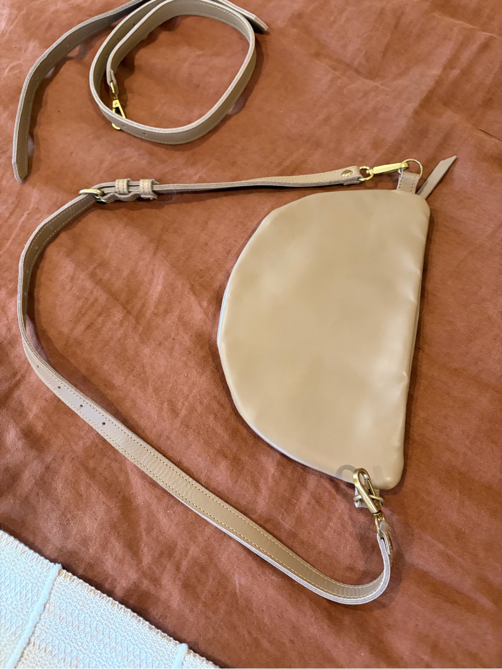Tan Leather Crescent Crossbody Sling Bag With Gold Accents — image 4 of 6